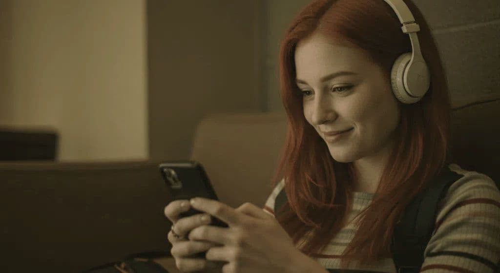 A woman with over the ear headphones on watching something on her phone.
