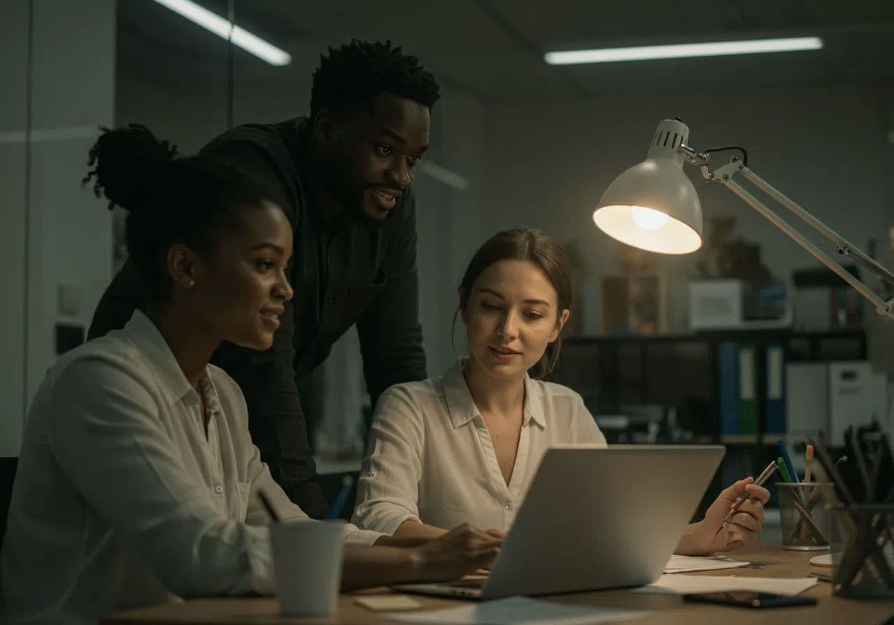 Three colleagues working together at a desk in front of a computer.