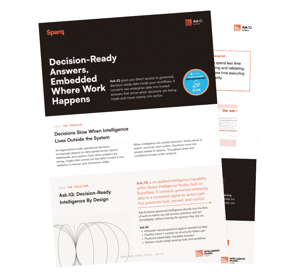 Two stacked Spark documents displaying titles like 'Decision-Ready Answers' and 'AI-Driven Intelligence'.