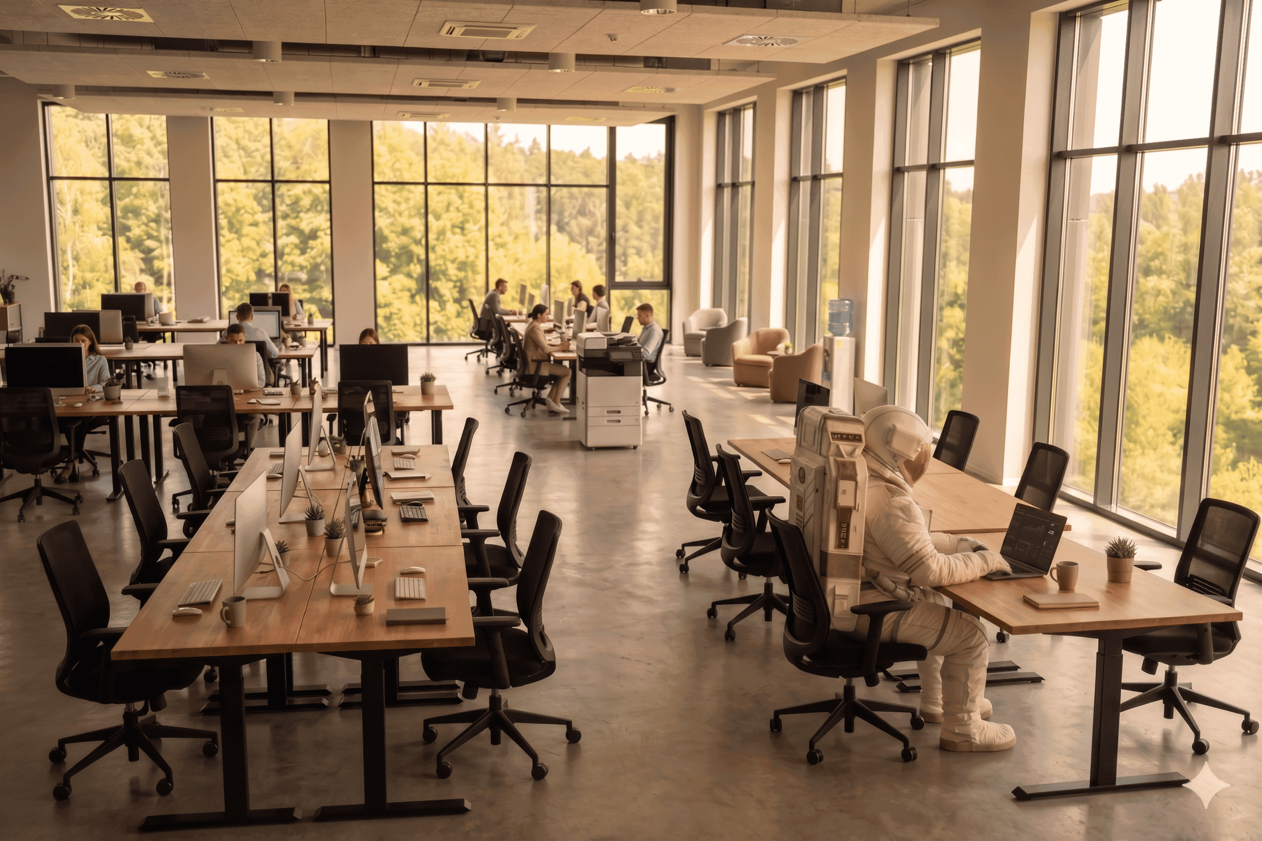 Astronaut works on laptop in bright, modern open-plan office with large windows.