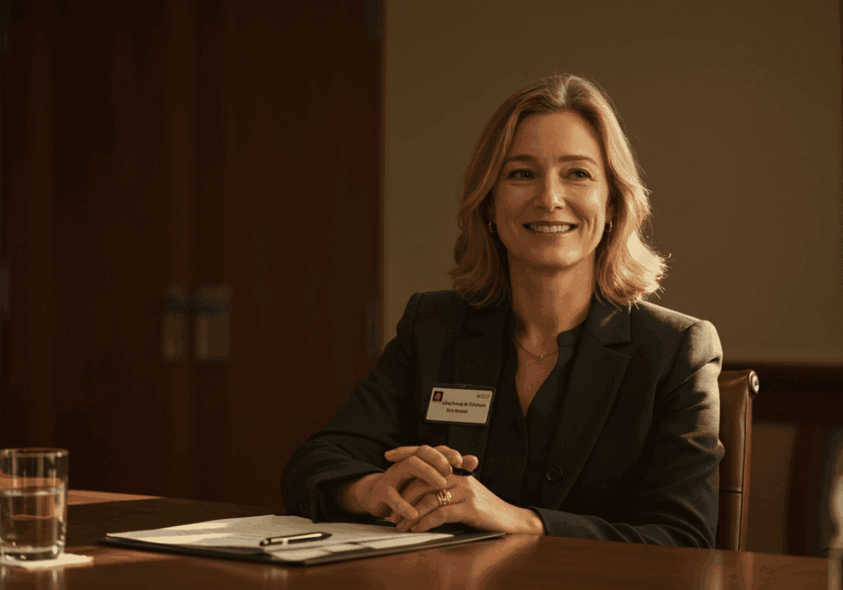 A woman in a suit sitting at a conference room table smiling.