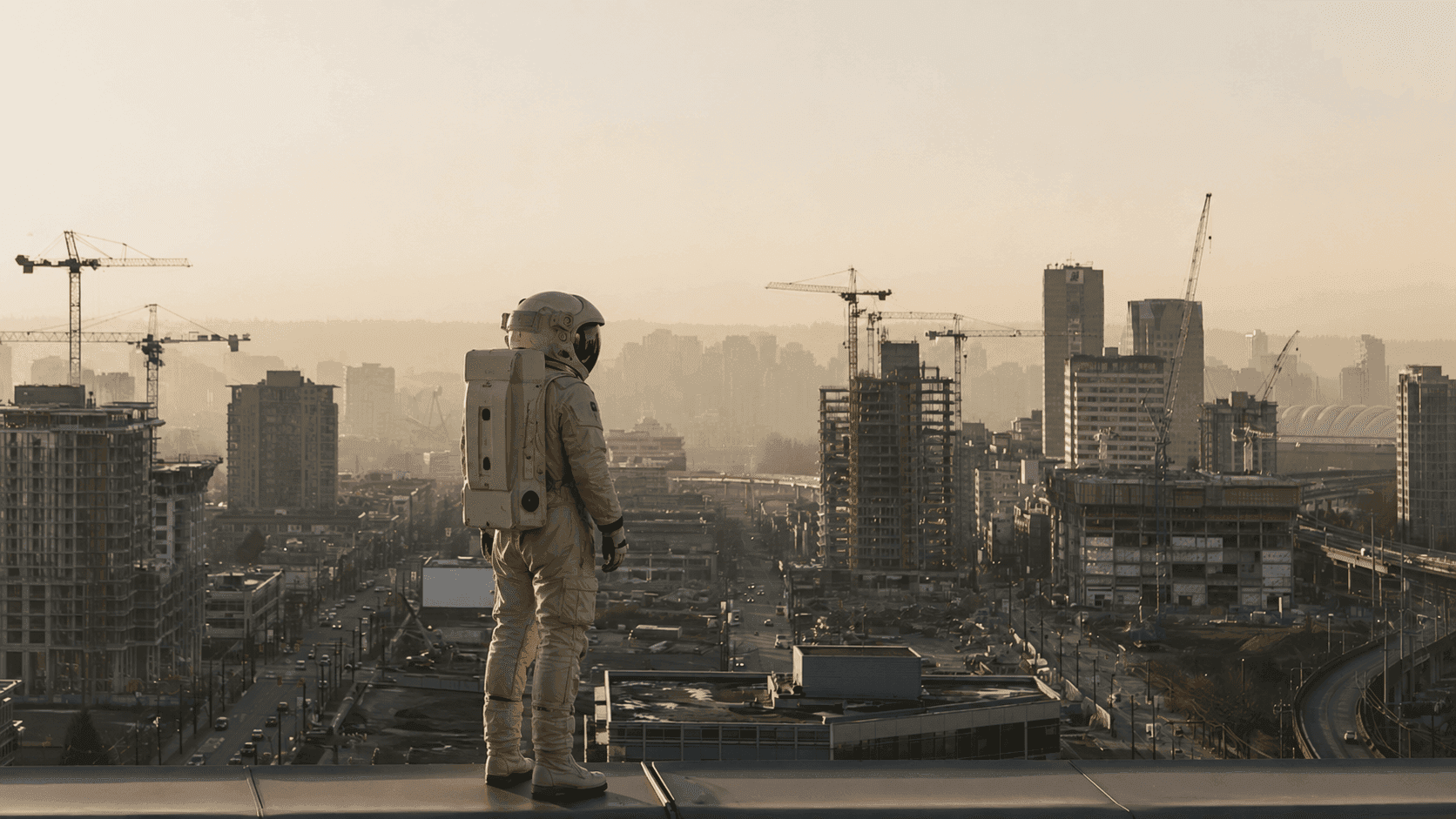 Astronaut on rooftop overlooks a vast, hazy city filled with construction and urban decay.