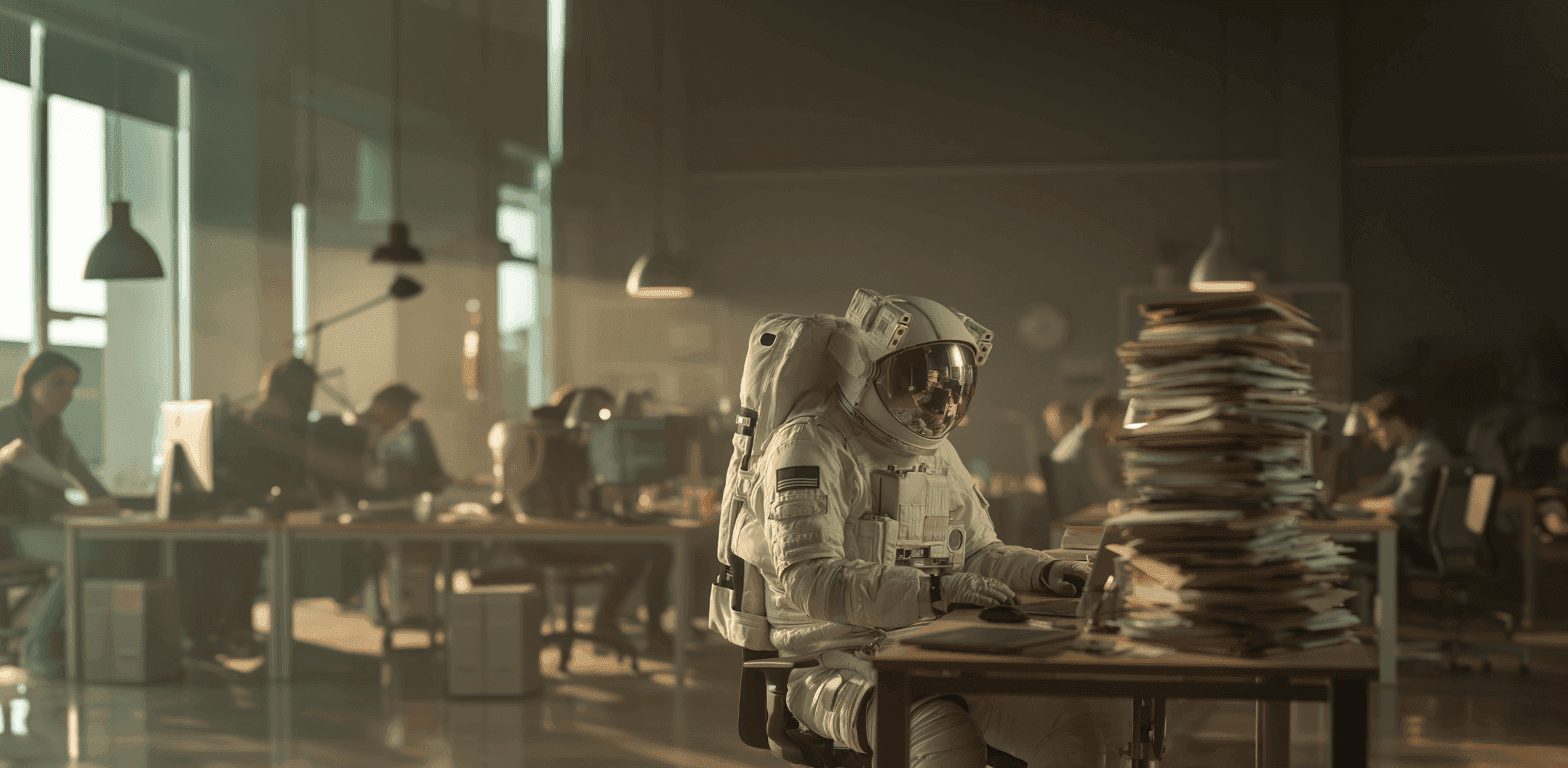 An astronaut in a full space suit works diligently at a desk in a busy office.