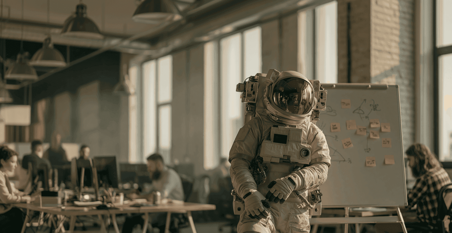 A person in a full astronaut suit stands prominently in a busy, modern office environment.