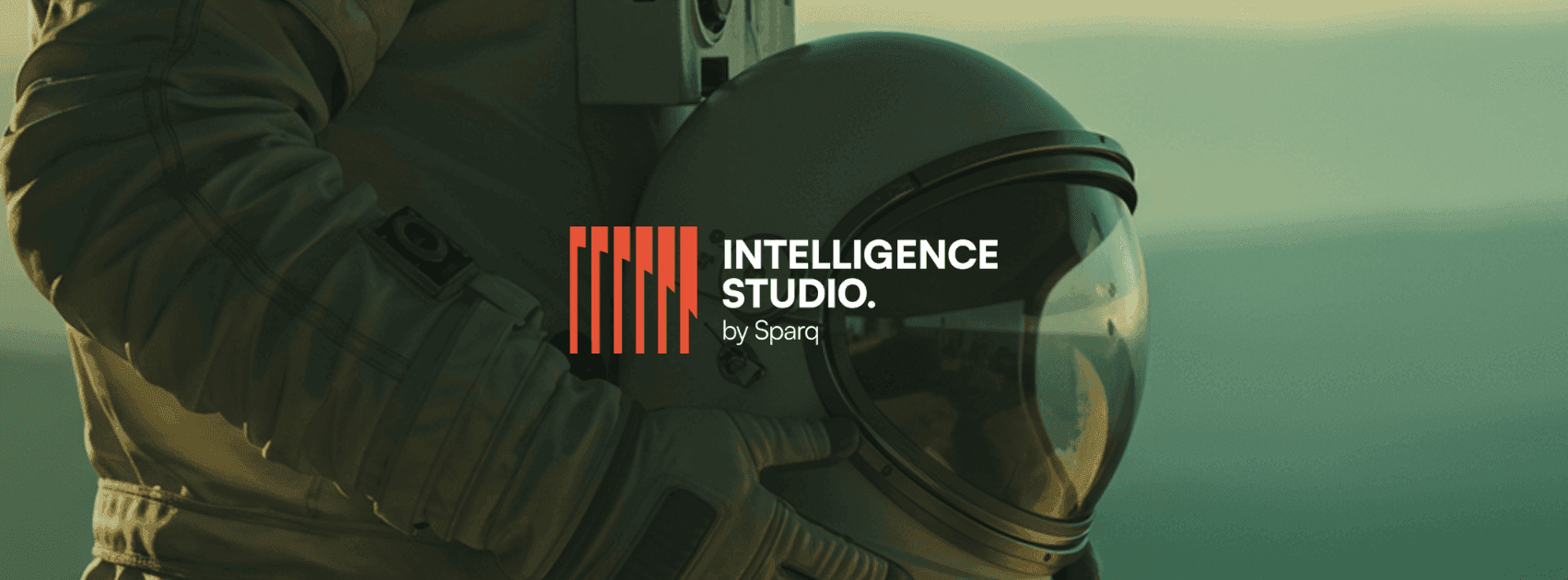 Astronaut holds a helmet reflecting the sky, featuring the 'Intelligence Studio by Tapero' logo.