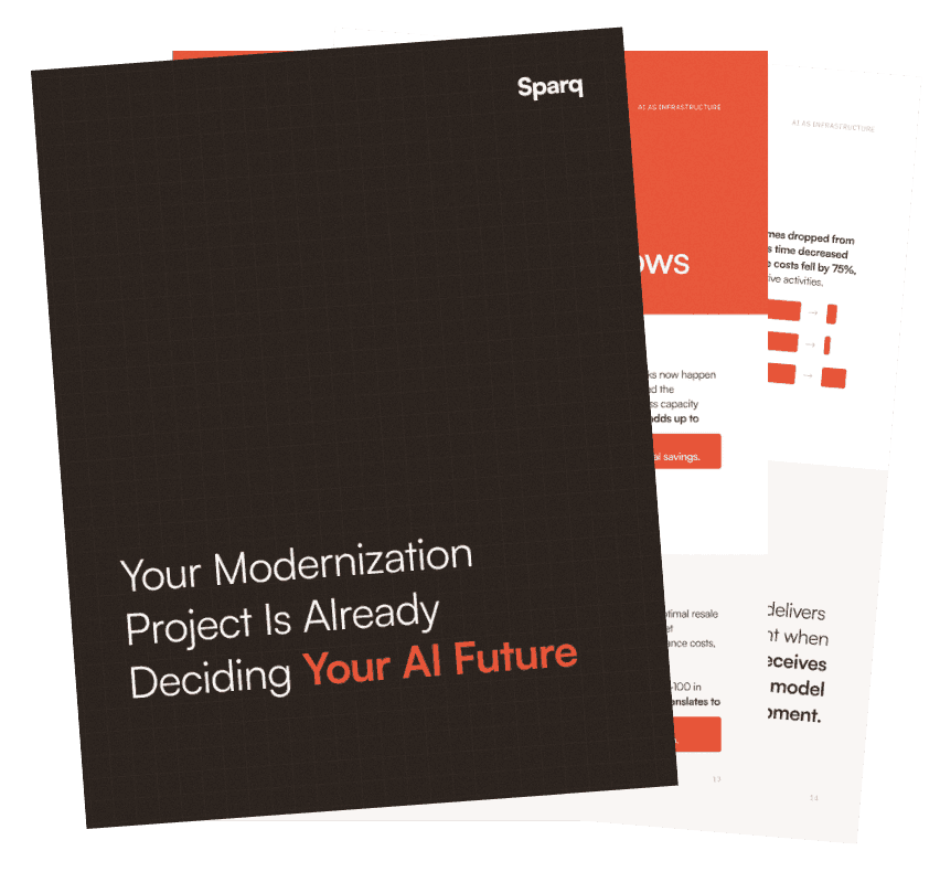 Black brochure 'Your Modernization Project Is Already Deciding Your AI Future' partially covering an orange document.