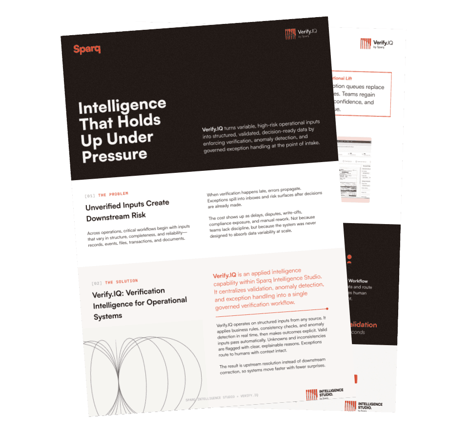 VerifyIQ document titled 'Intelligence That Holds Up Under Pressure' with black and orange branding.