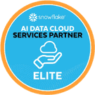 Snowflake AI Data Cloud Services Partner Elite badge showing a hand holding a cloud.