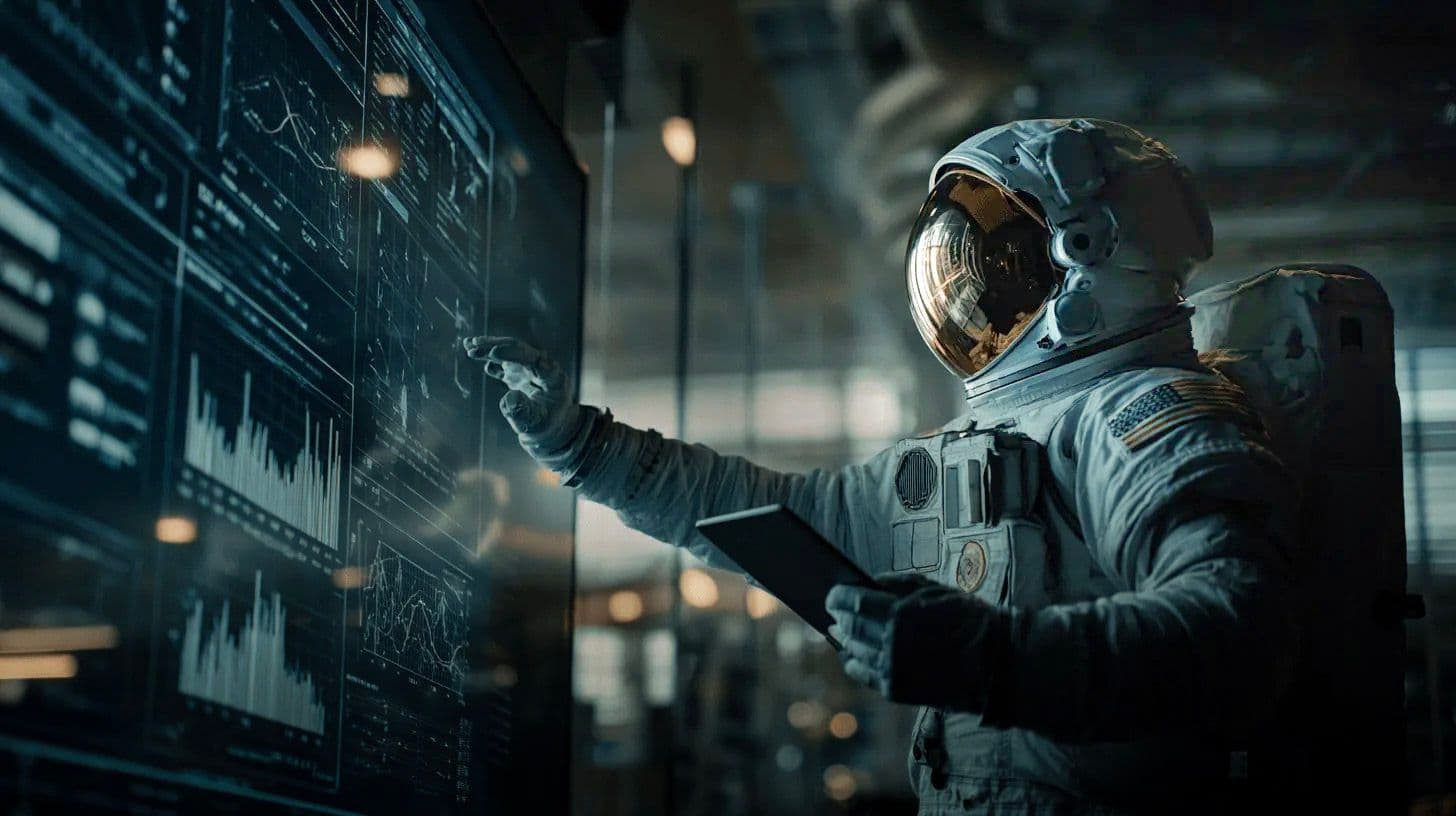 Astronaut in a spacesuit interacting with a large digital screen displaying complex data and graphs.