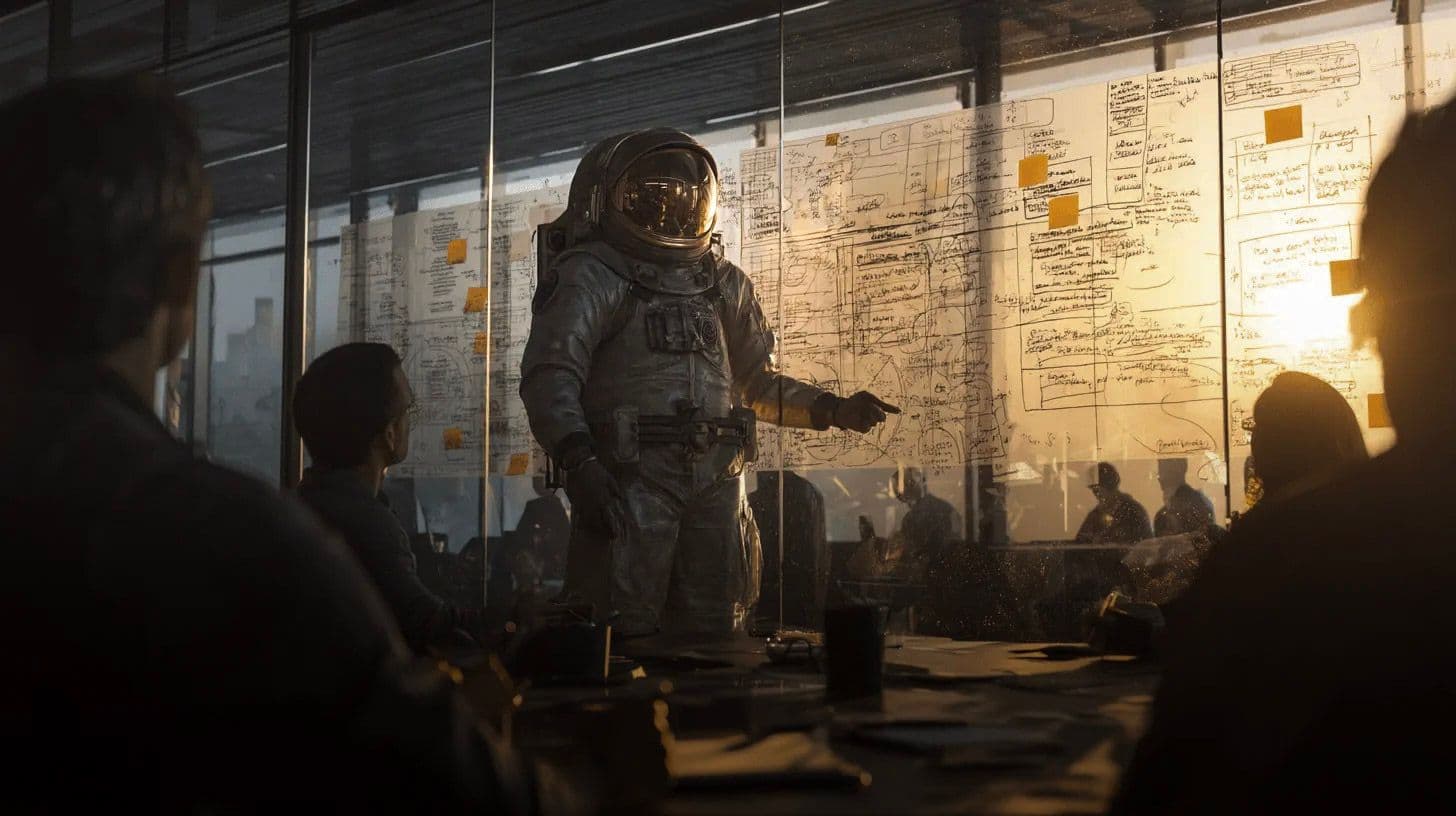 Astronaut in a suit presents in a meeting room, notes visible on glass wall.