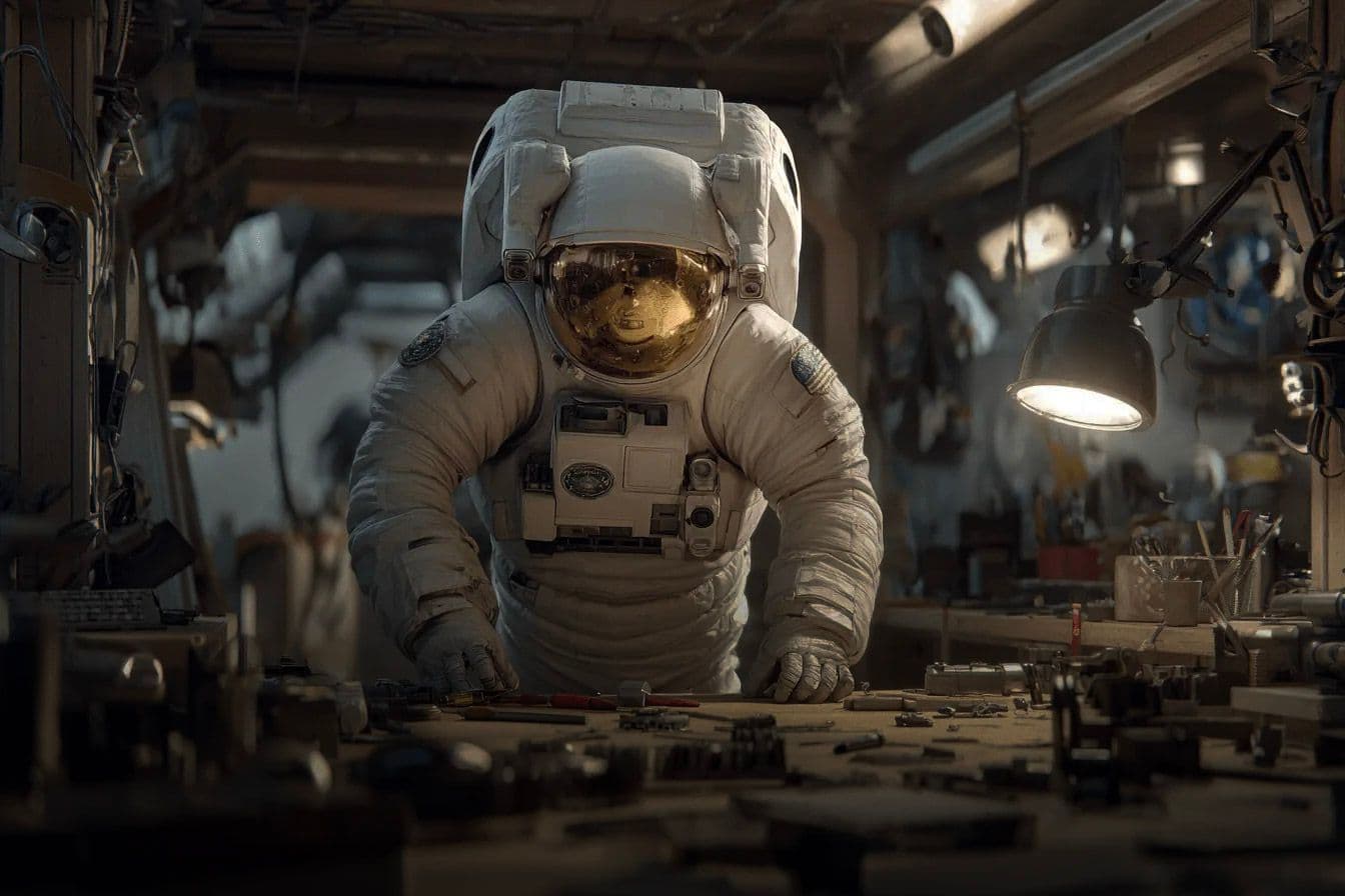 Astronaut in spacesuit leans over a cluttered workbench, illuminated by a desk lamp.