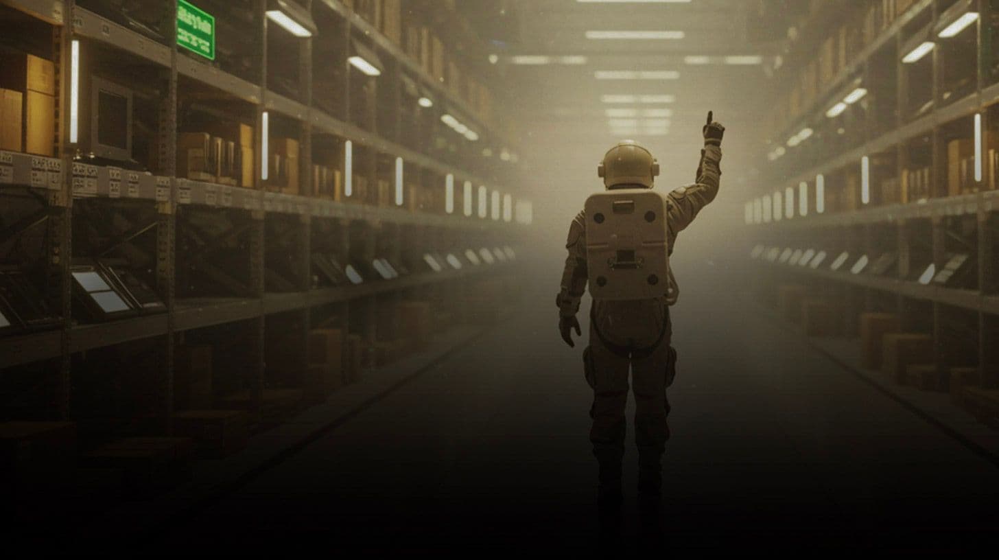 Astronaut walks through a vast, dimly lit warehouse with tall shelves of boxes.