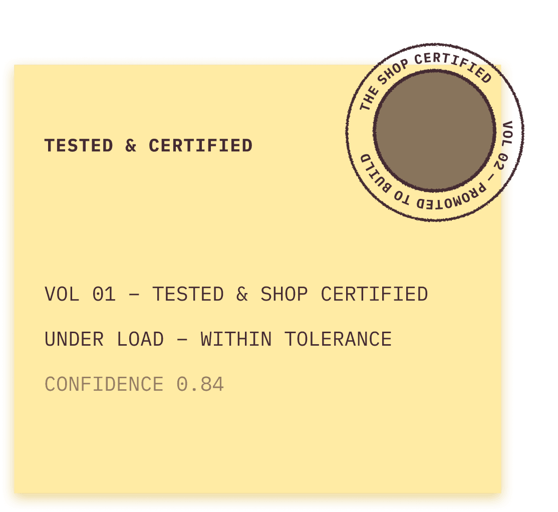 Certificate stating "TESTED & CERTIFIED," "SHOP CERTIFIED," and "UNDER LOAD - WITHIN TOLERANCE."