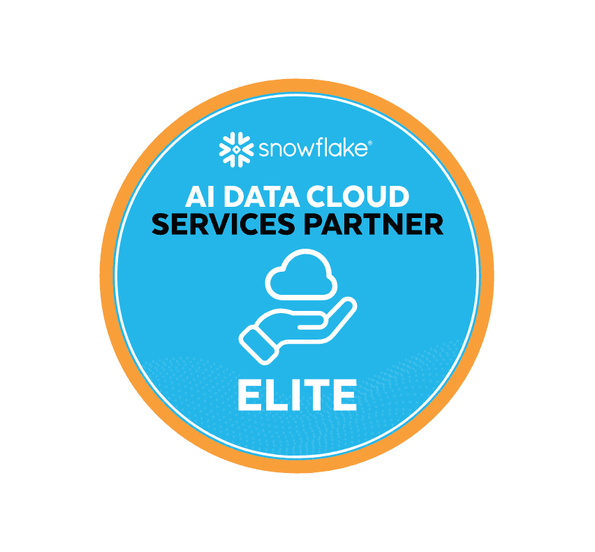 Snowflake AI Data Cloud Services Partner Elite badge with a hand holding a cloud icon.