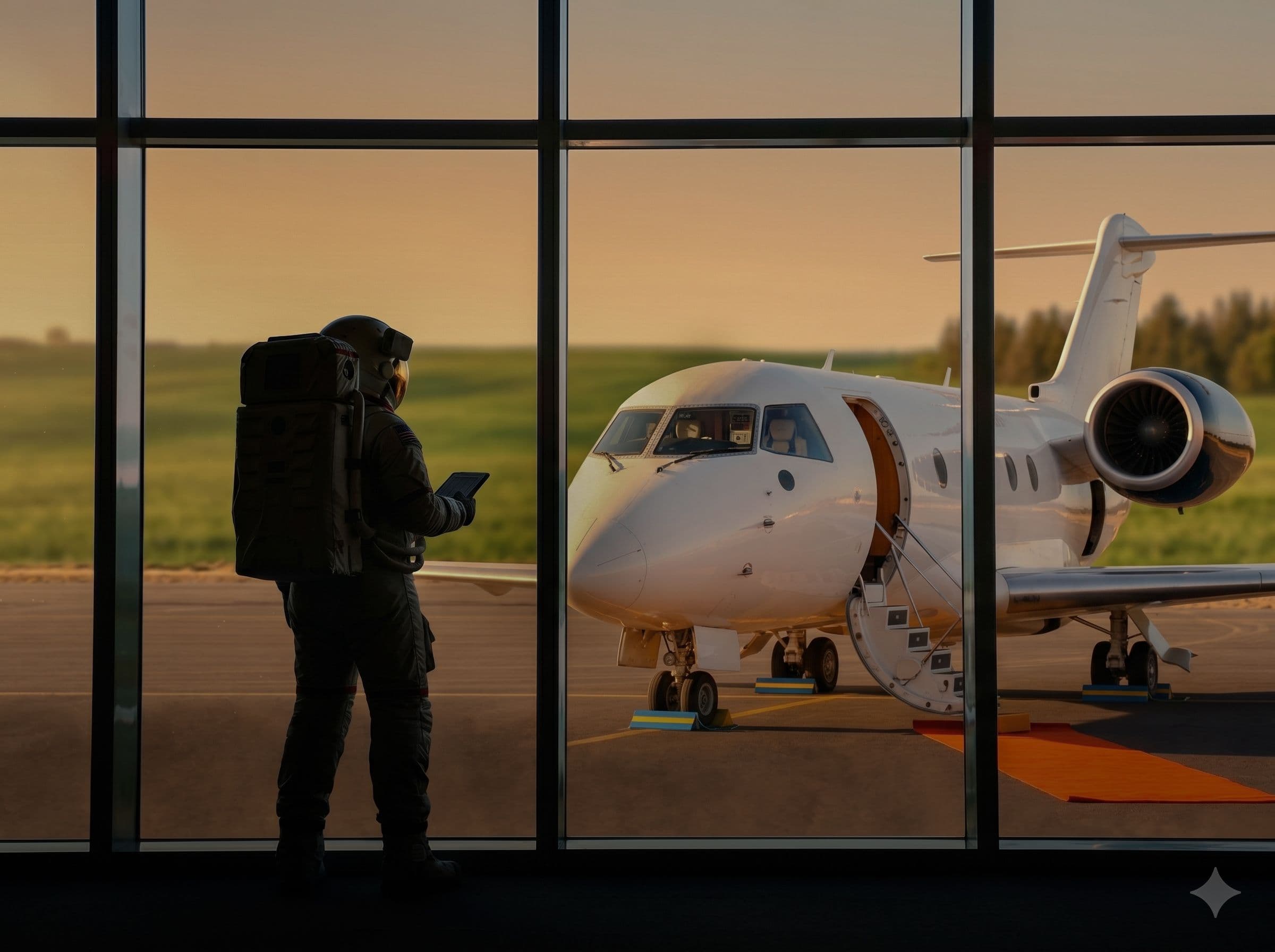 Person with backpack looks out window at white private jet on sunny tarmac.