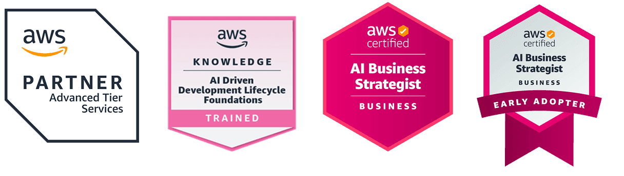 Four AWS badges displaying Partner status, Knowledge training, and AI Business Strategist certification.
