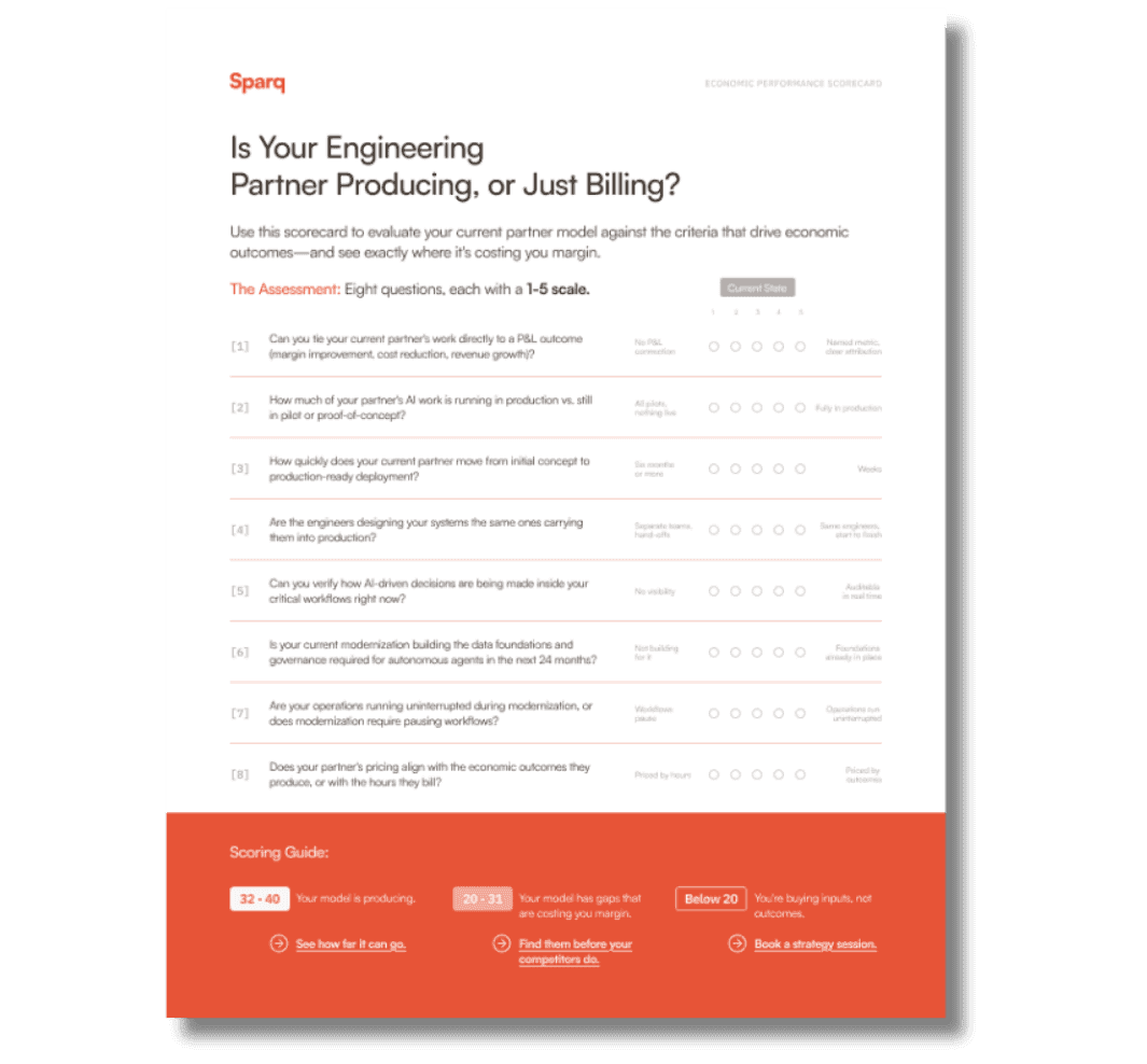 Webpage with a questionnaire titled 'Is Your Engineering Partner Producing, or Just Billing?'