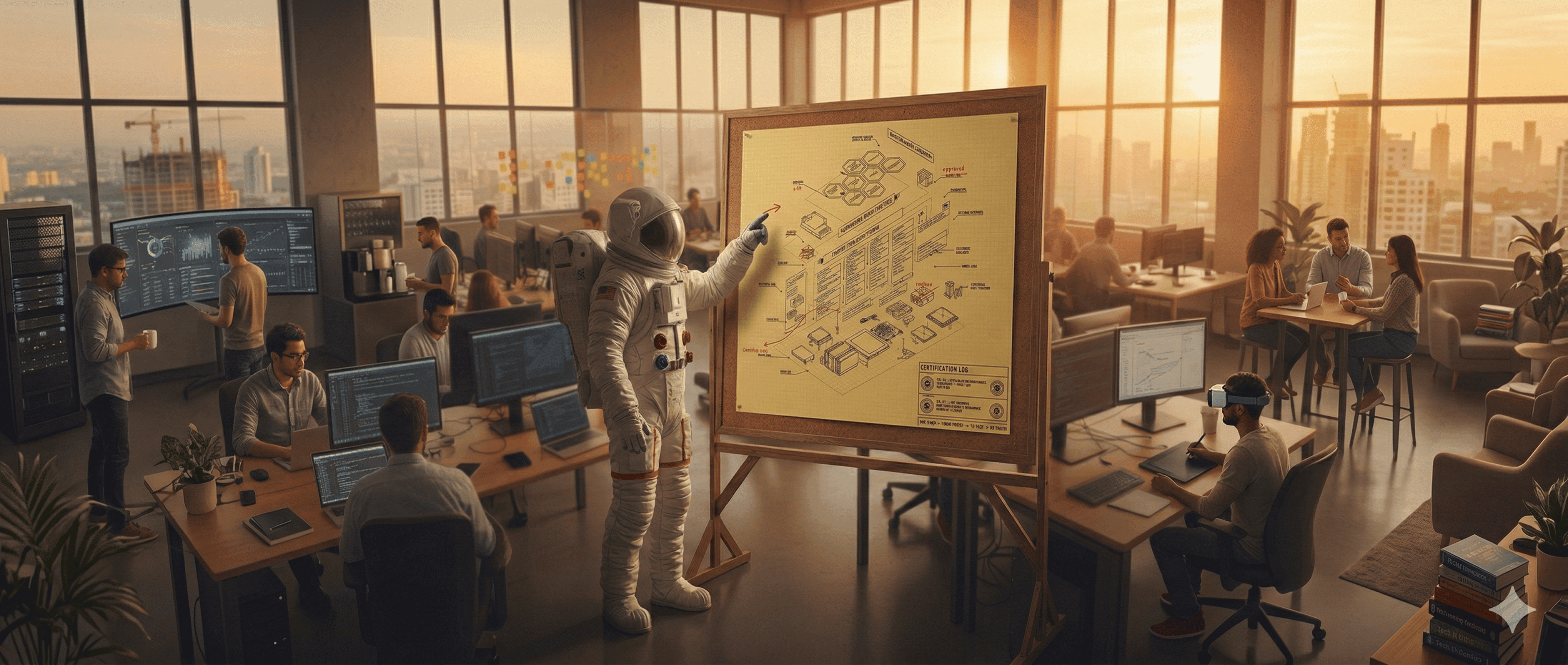 Astronaut points to a complex diagram on a whiteboard in a modern, busy office.