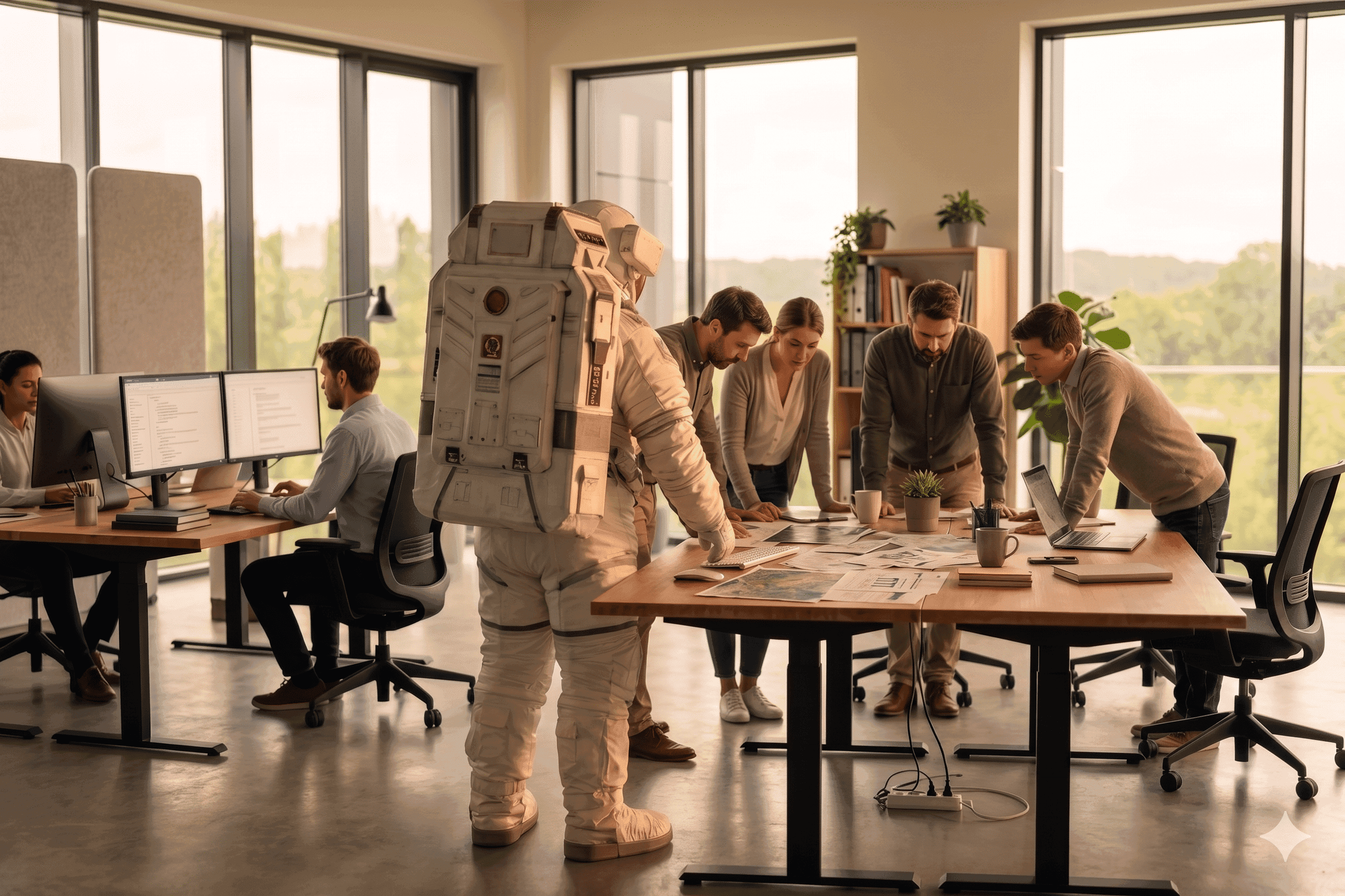 An astronaut in a full space suit stands in a modern office with colleagues gathered around a table.