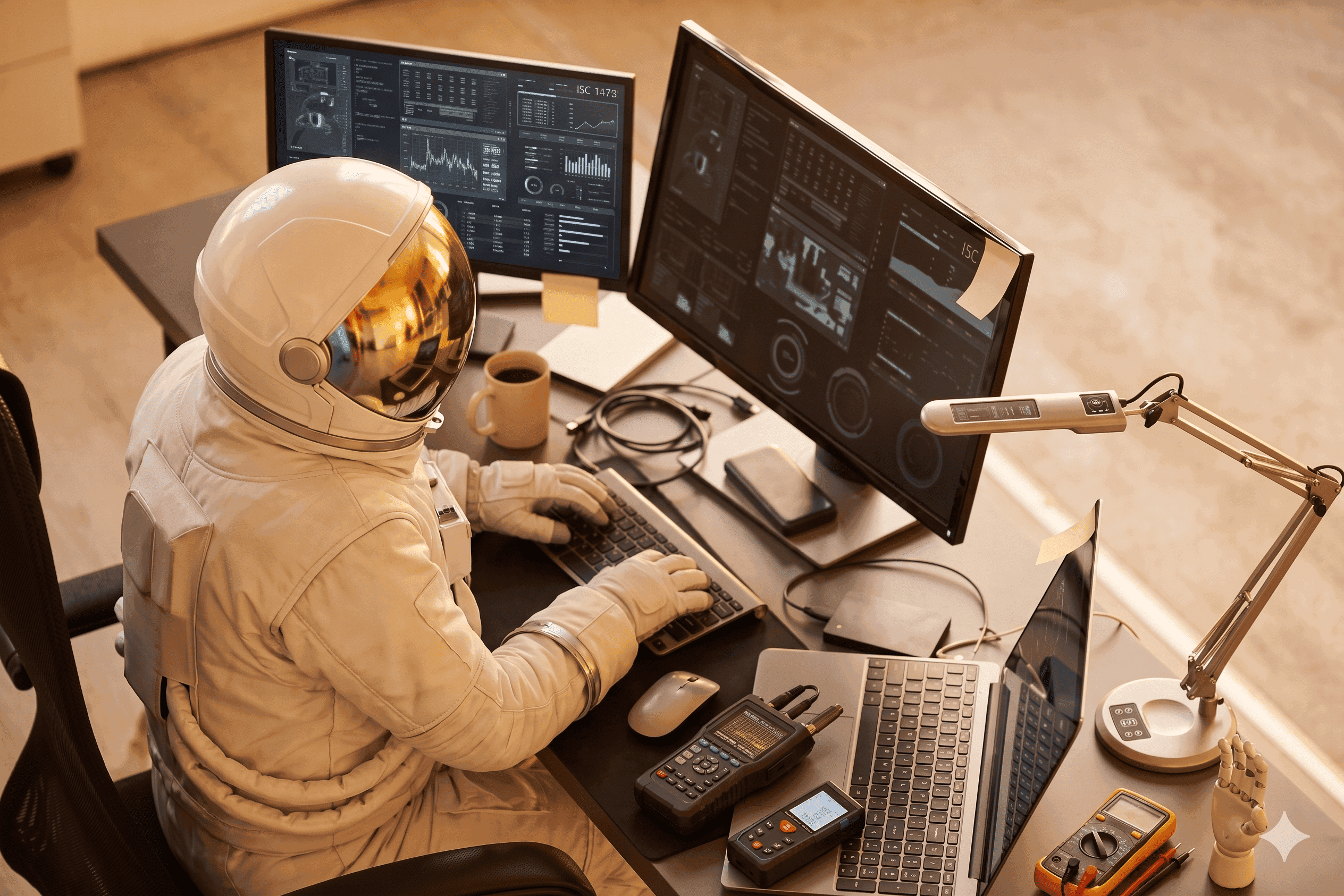 Astronaut in a full suit diligently works at a desk with multiple computer monitors displaying data.