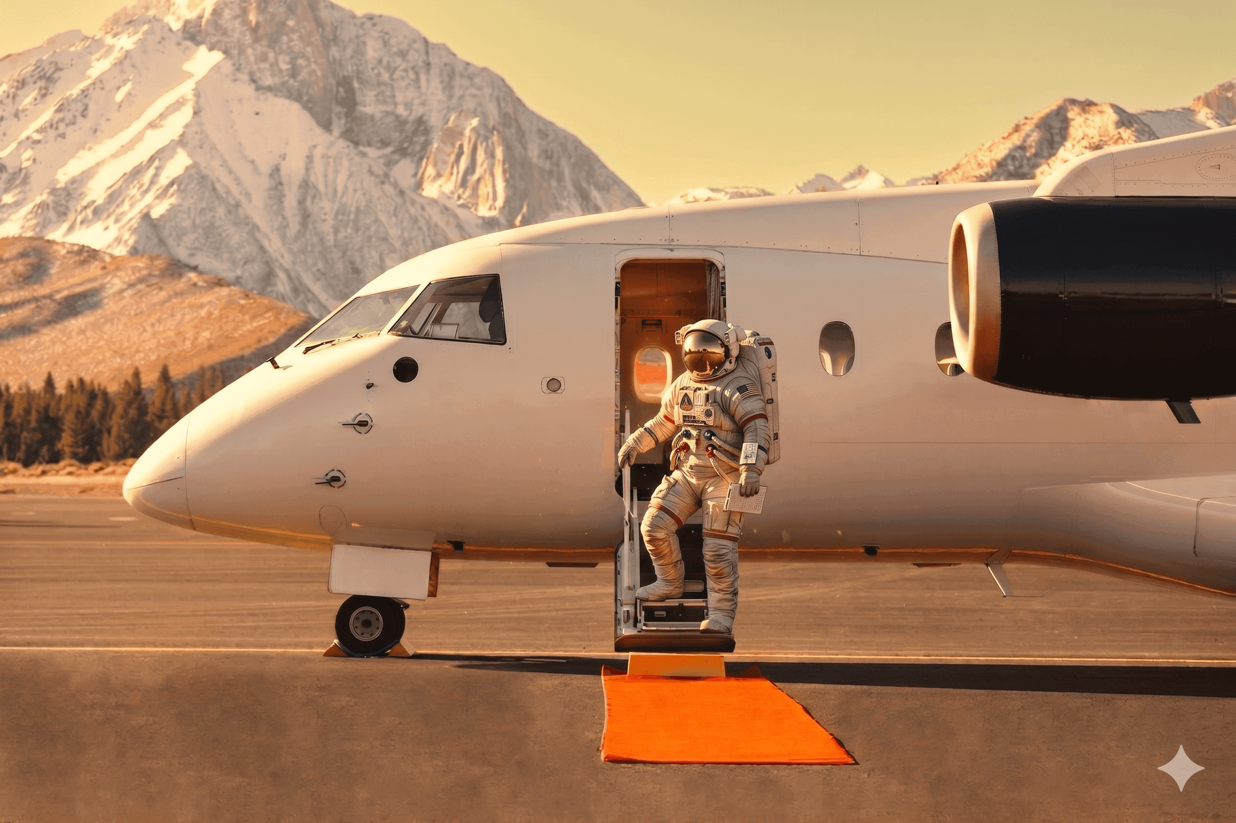 Astronaut in a space suit exits a private jet onto an orange carpet, mountains behind.