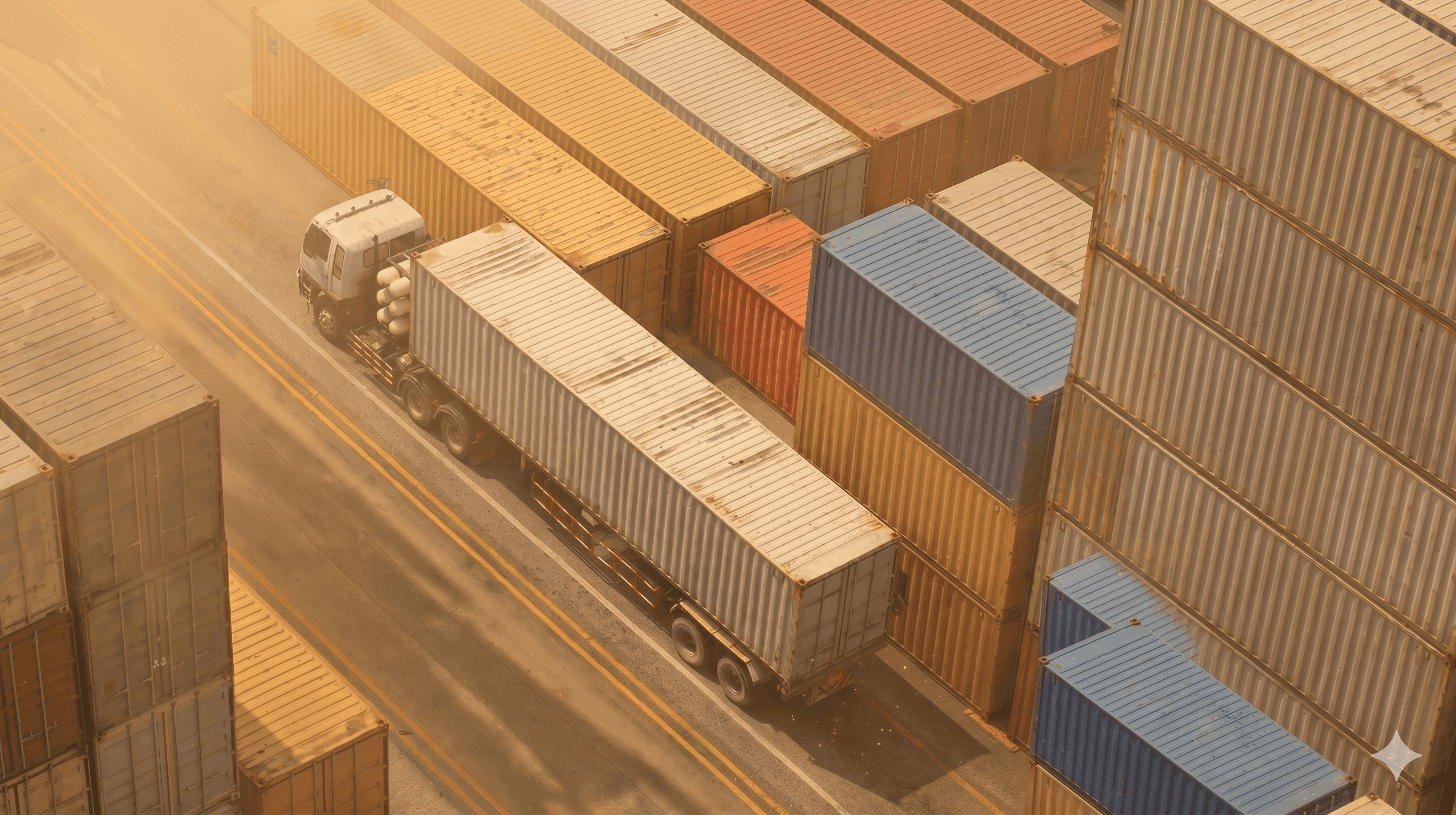 Cargo truck transports a long container through a busy shipping yard with stacked containers.