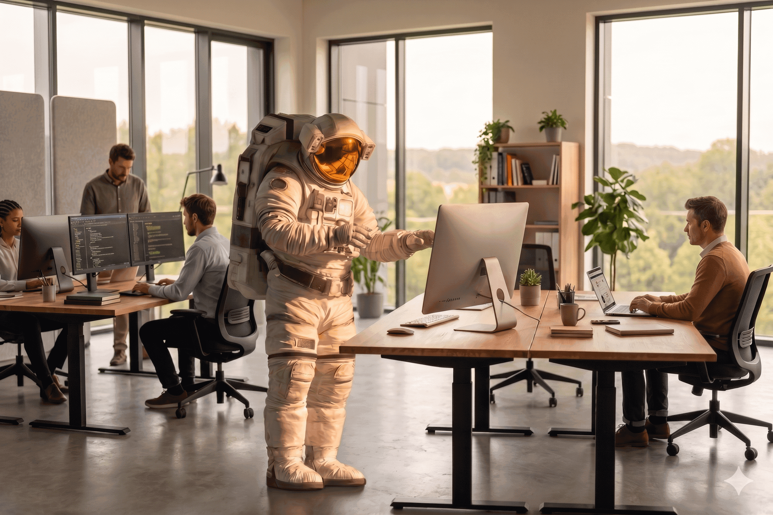 An astronaut stands in a modern office, while colleagues work on computers.
