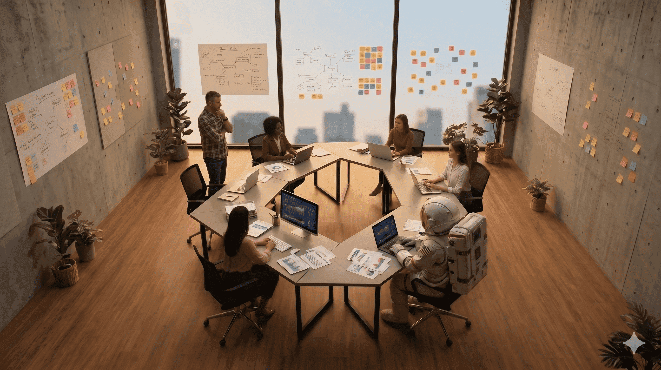 A diverse team, including an astronaut, collaborates in a modern meeting room with city views.