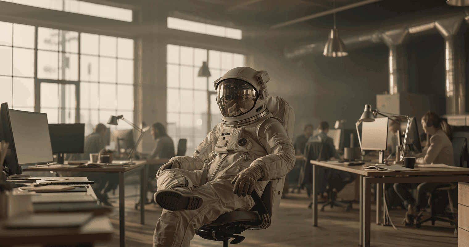 Astronaut in a full spacesuit sits in an open-plan office with people working.
