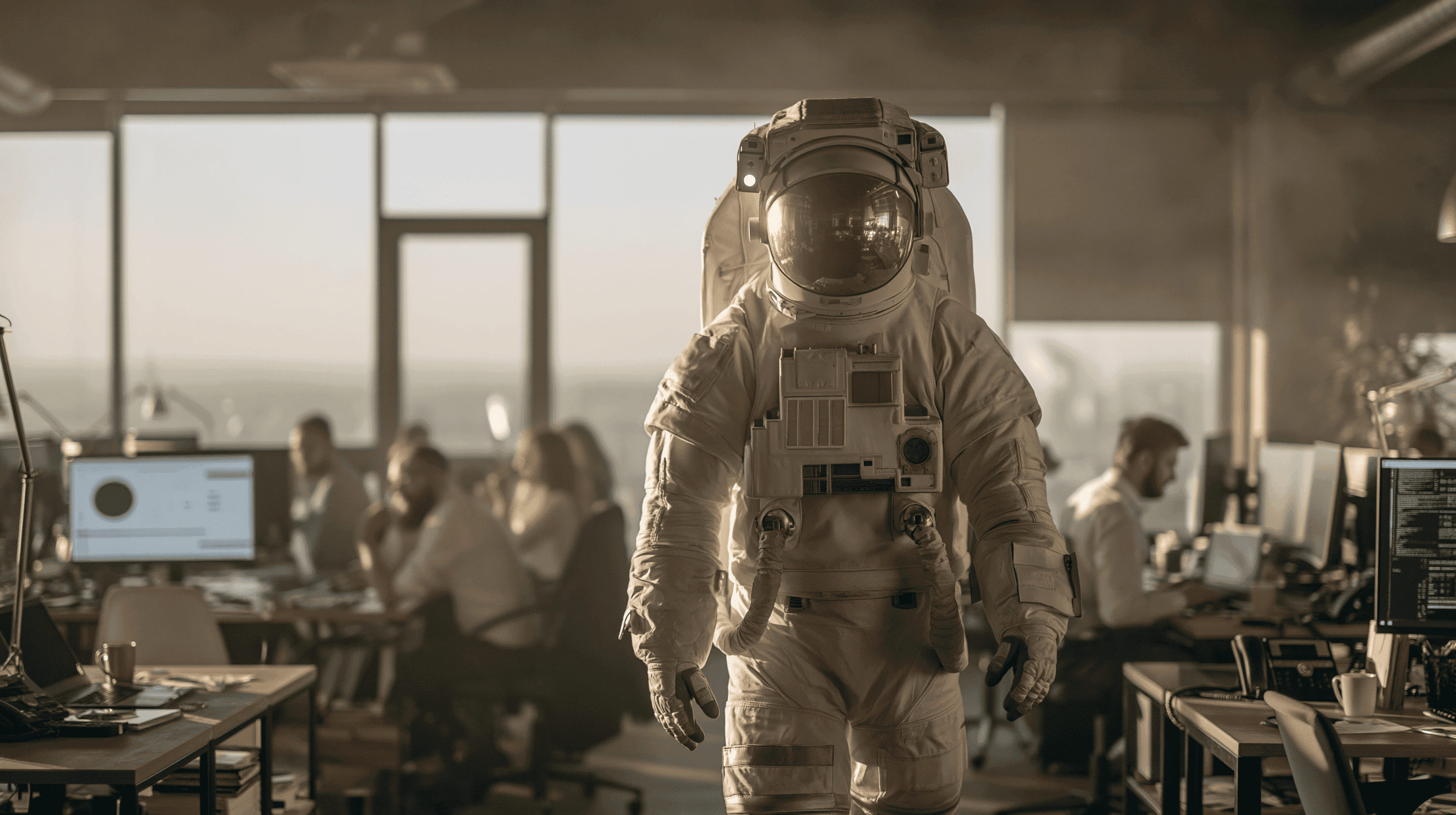 Astronaut in a full spacesuit stands in a modern, busy office with people working.