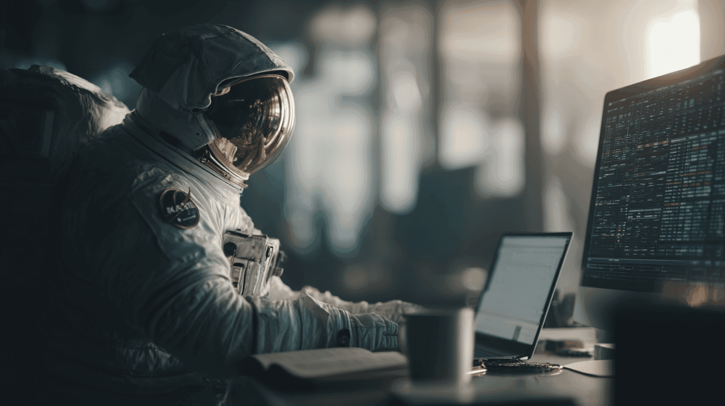 Astronaut in a spacesuit works on a laptop and computer monitor displaying complex code.