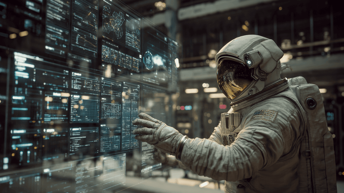 Astronaut in a space suit interacting with multiple futuristic holographic data screens in a control room.
