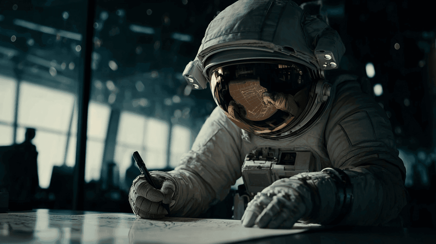 Astronaut in a space suit writing at a desk with a gold visor reflecting light.