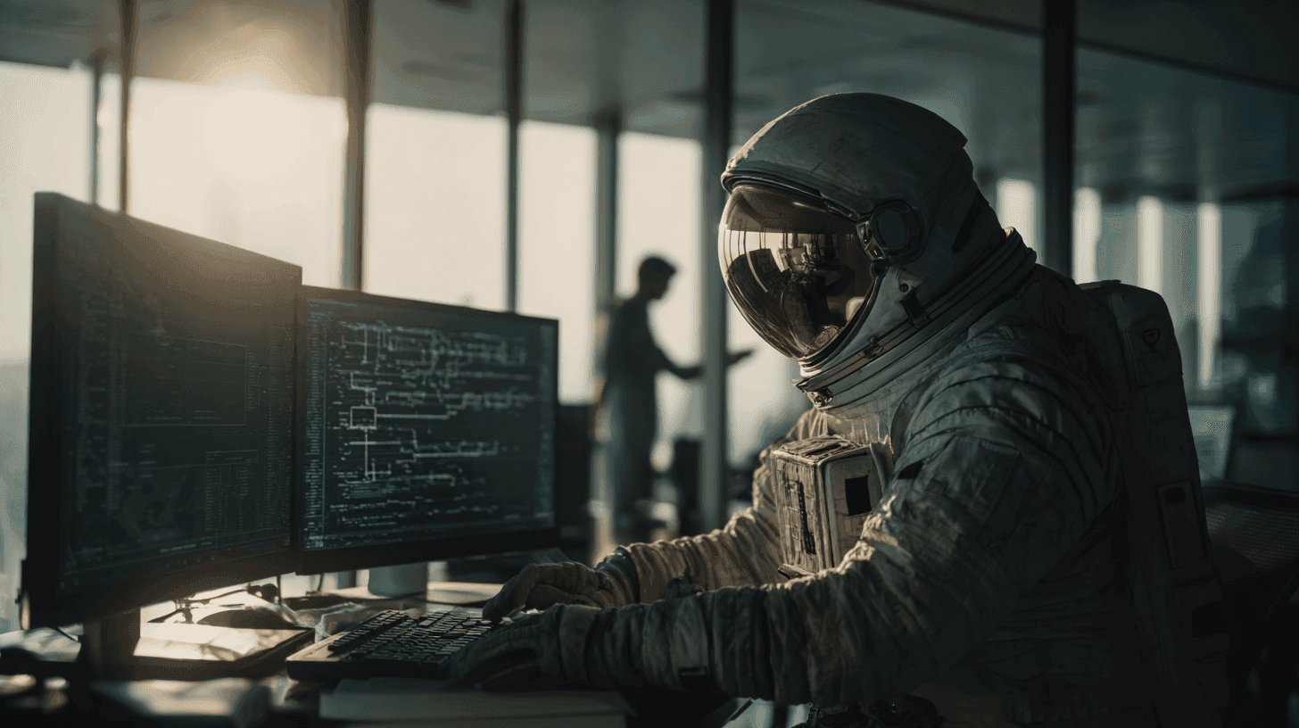 An astronaut in a full spacesuit codes at a computer in a modern office with city views.