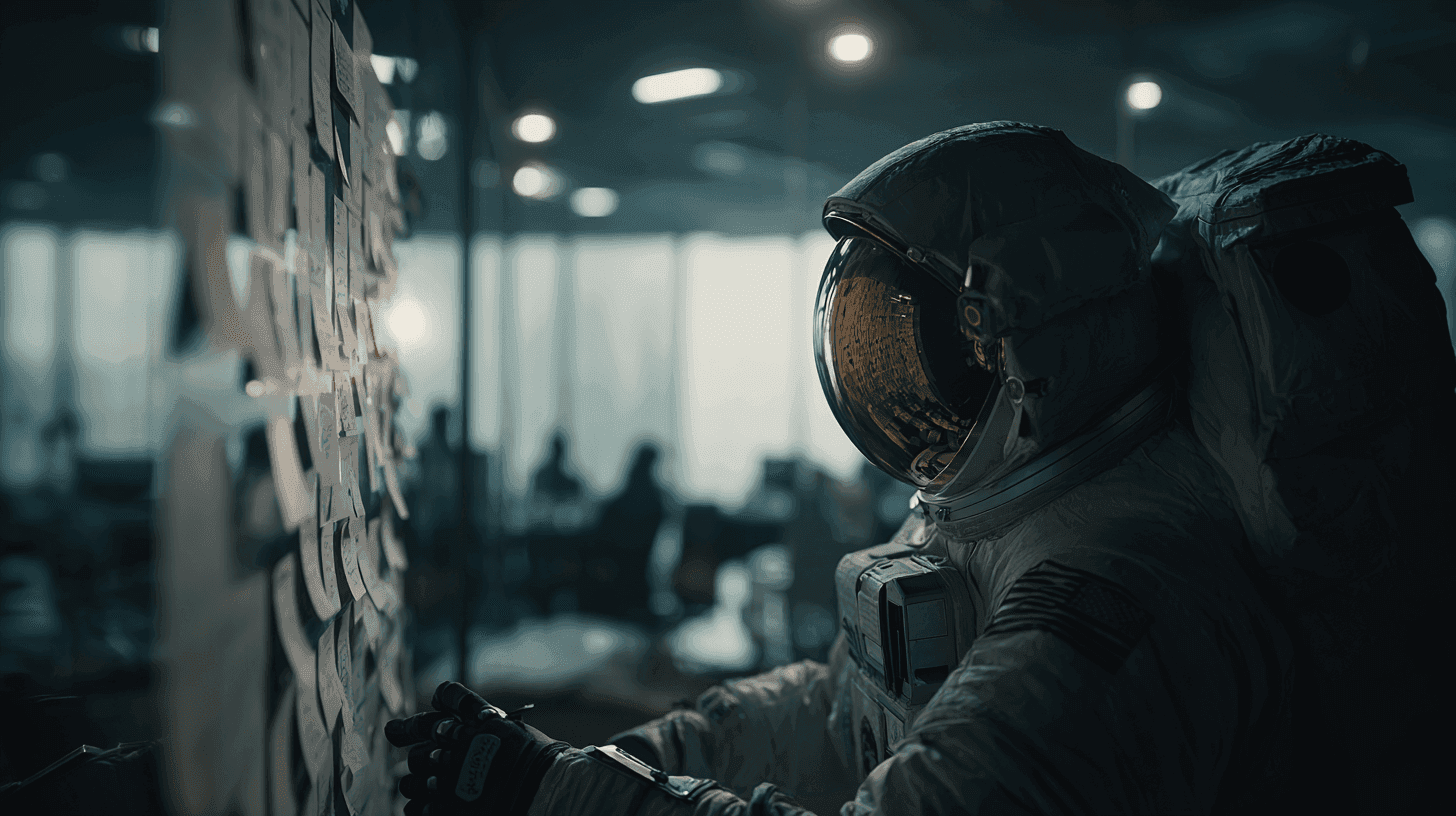 An astronaut in a full suit examines a board filled with notes in a modern office setting.