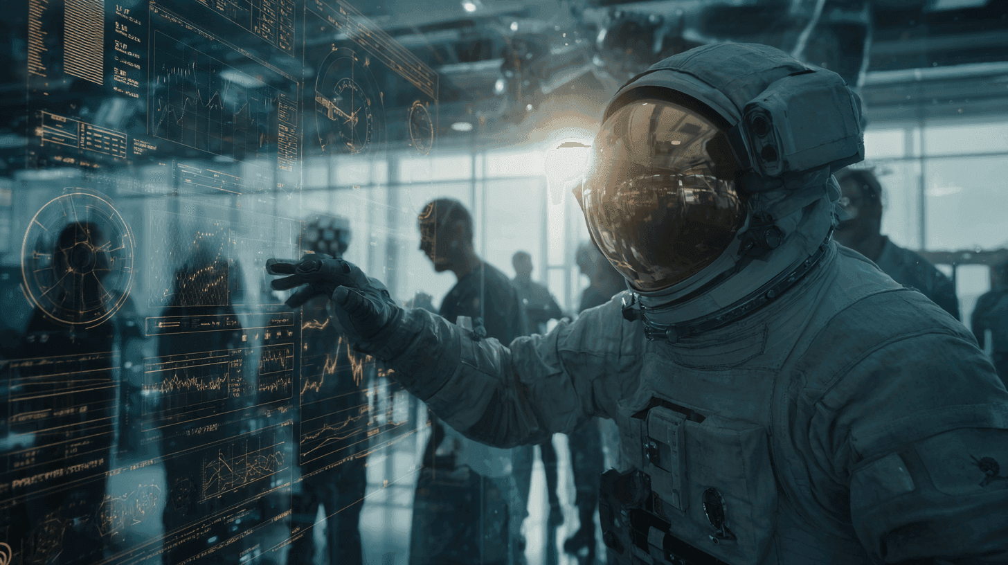 Astronaut in a space suit pointing at a transparent screen displaying complex digital data.