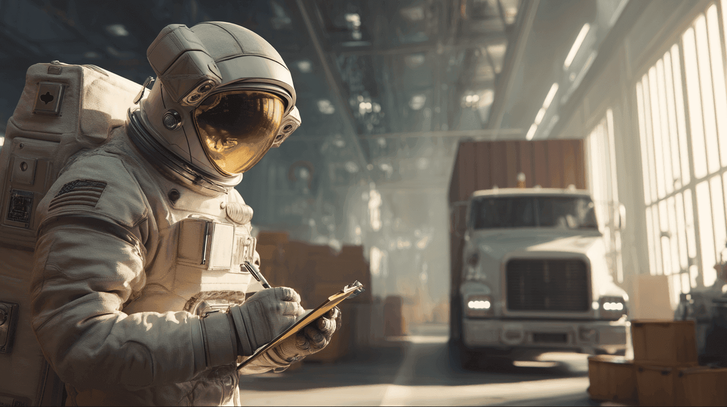 Astronaut in spacesuit writes on a clipboard inside a warehouse with a large truck.