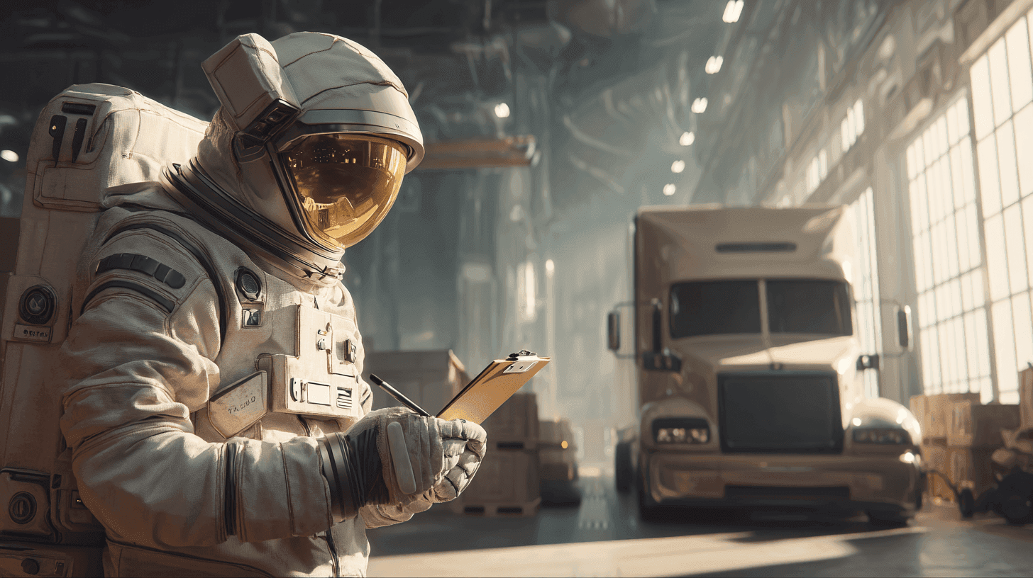 Astronaut in a warehouse holding a clipboard and pen, with a semi-truck in the background.