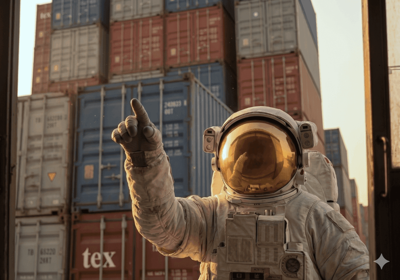 Astronaut in spacesuit points upwards amidst a towering stack of shipping containers.