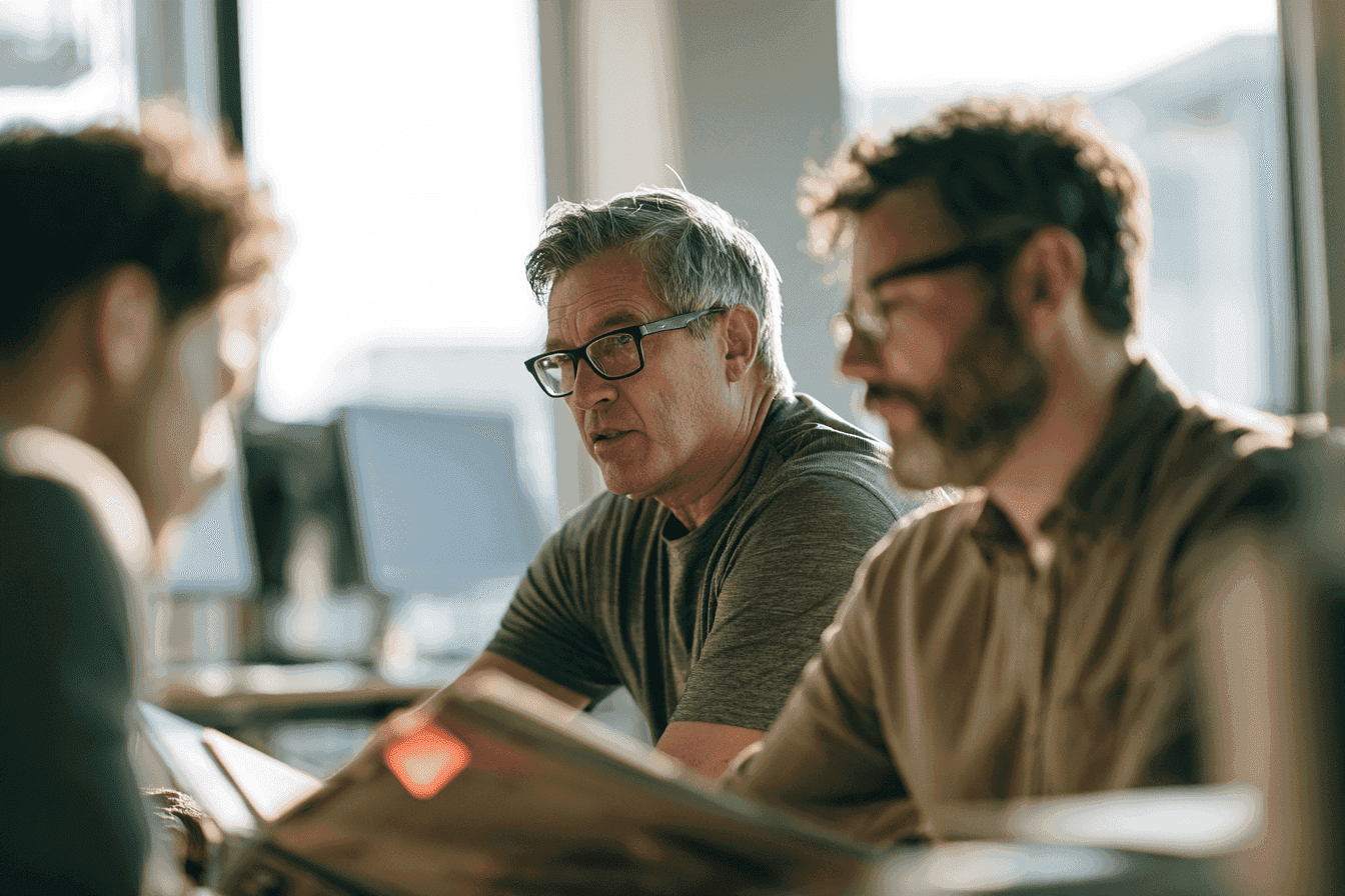 Three men discussing business in a sunlit office meeting.