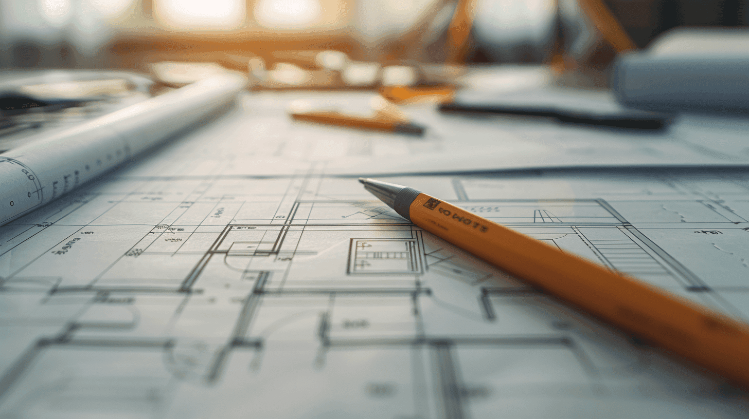Architectural blueprints with a sharp orange pencil, ruler, and construction tools on a desk.