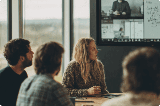 A group of people participate in a video conference meeting, with one woman in the foreground speaking.