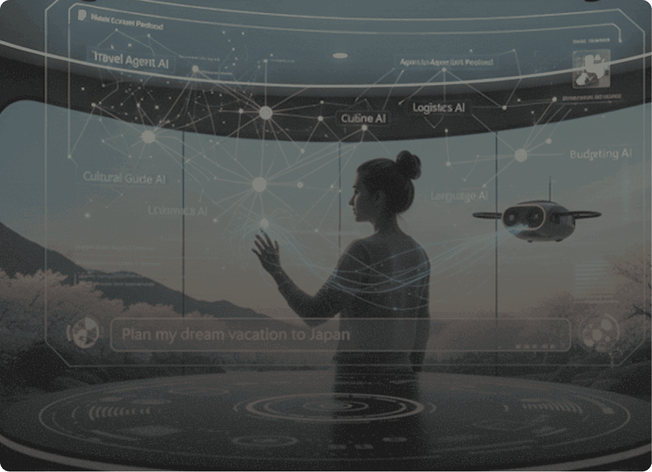 Woman uses an AI holographic interface showing "Plan my dream vacation to Japan."