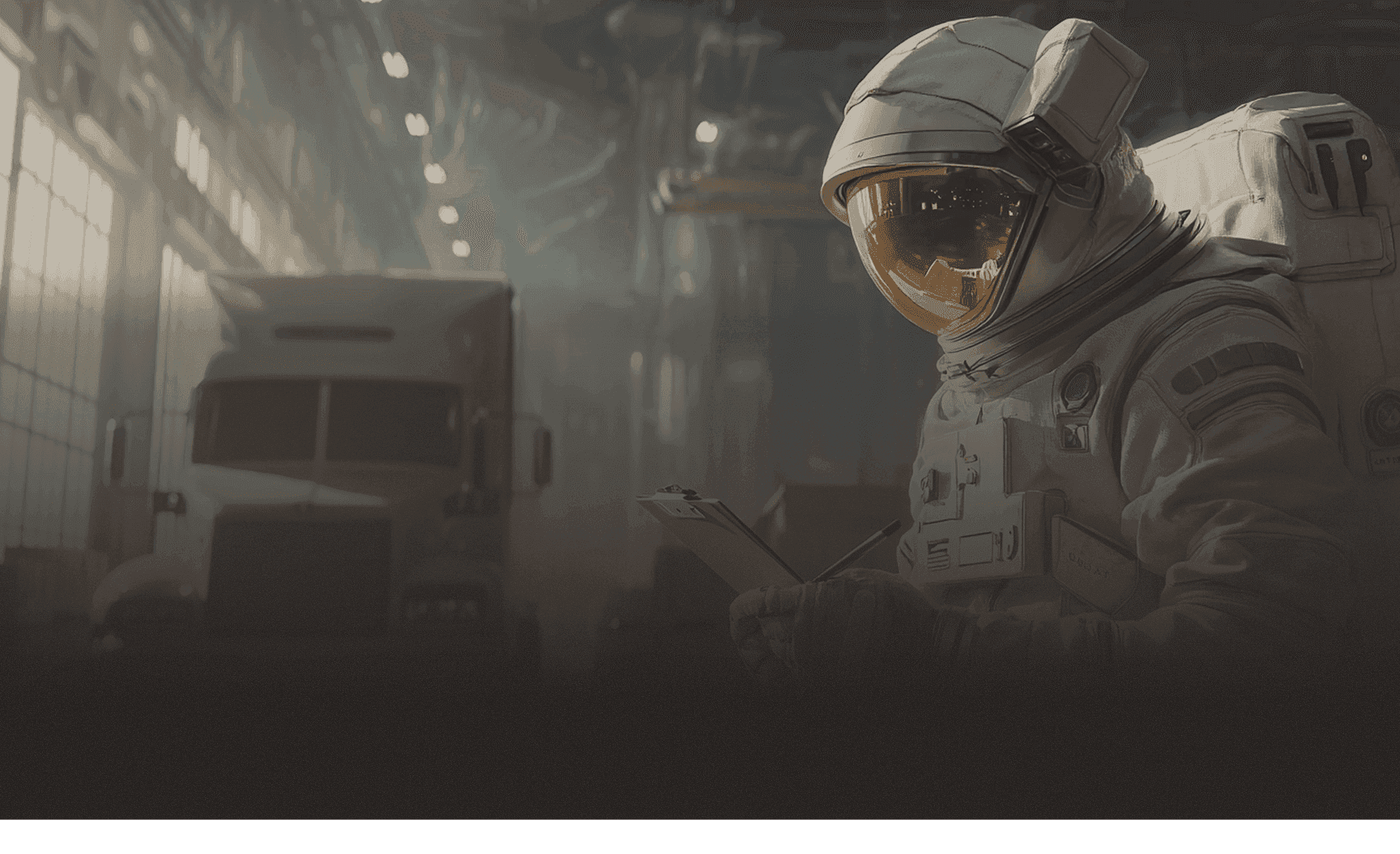 An astronaut in a white suit with a gold visor writes on a clipboard in a dimly lit warehouse.