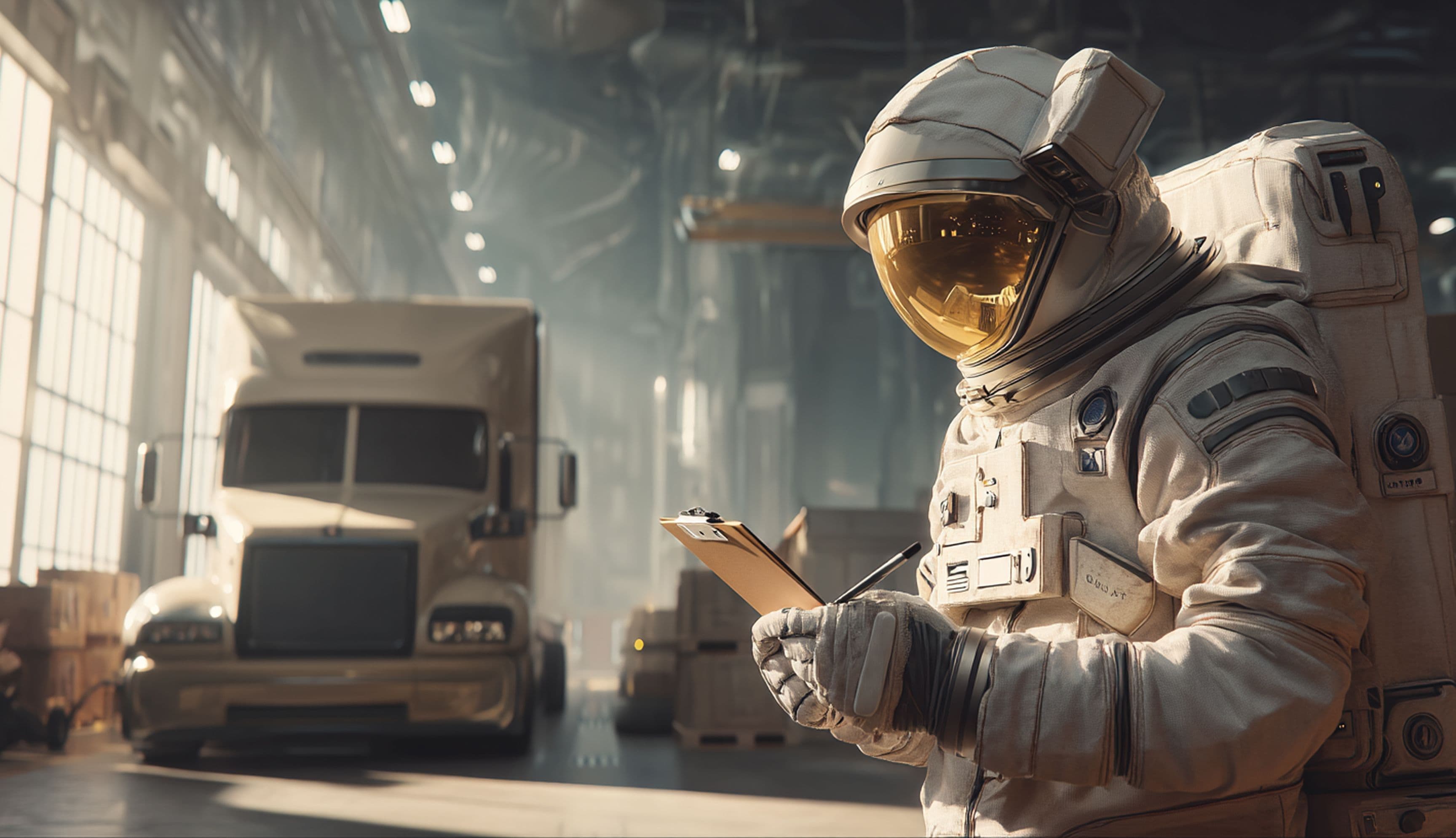 Astronaut in a warehouse holding a clipboard and writing.