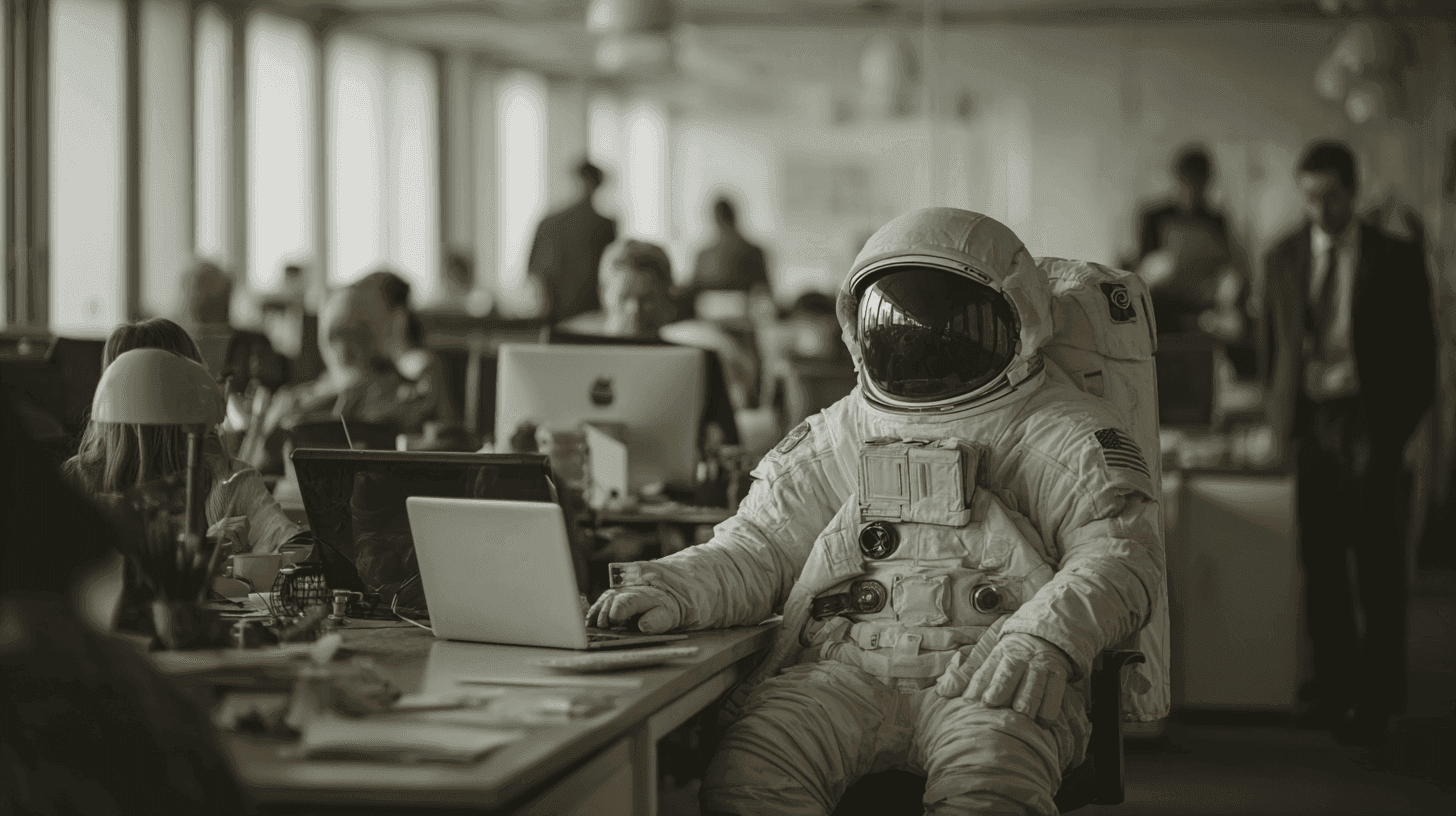 Astronaut in a space suit working on a laptop at a desk in an office.