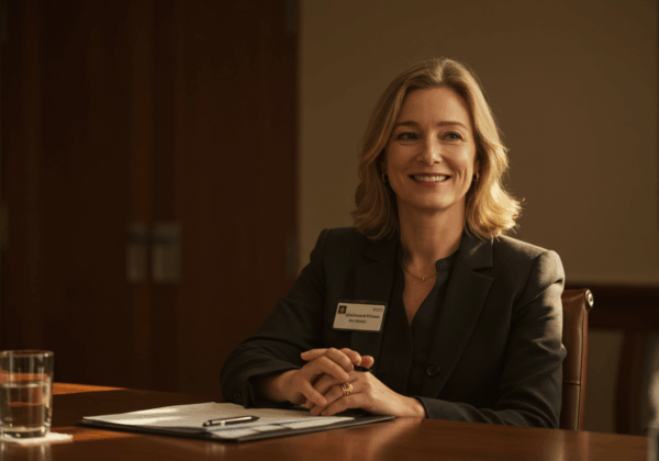 A woman who's an executive at a bank is sitting at a conference room table.