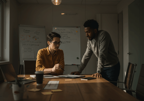 Two colleagues collaborating at a conference room table.