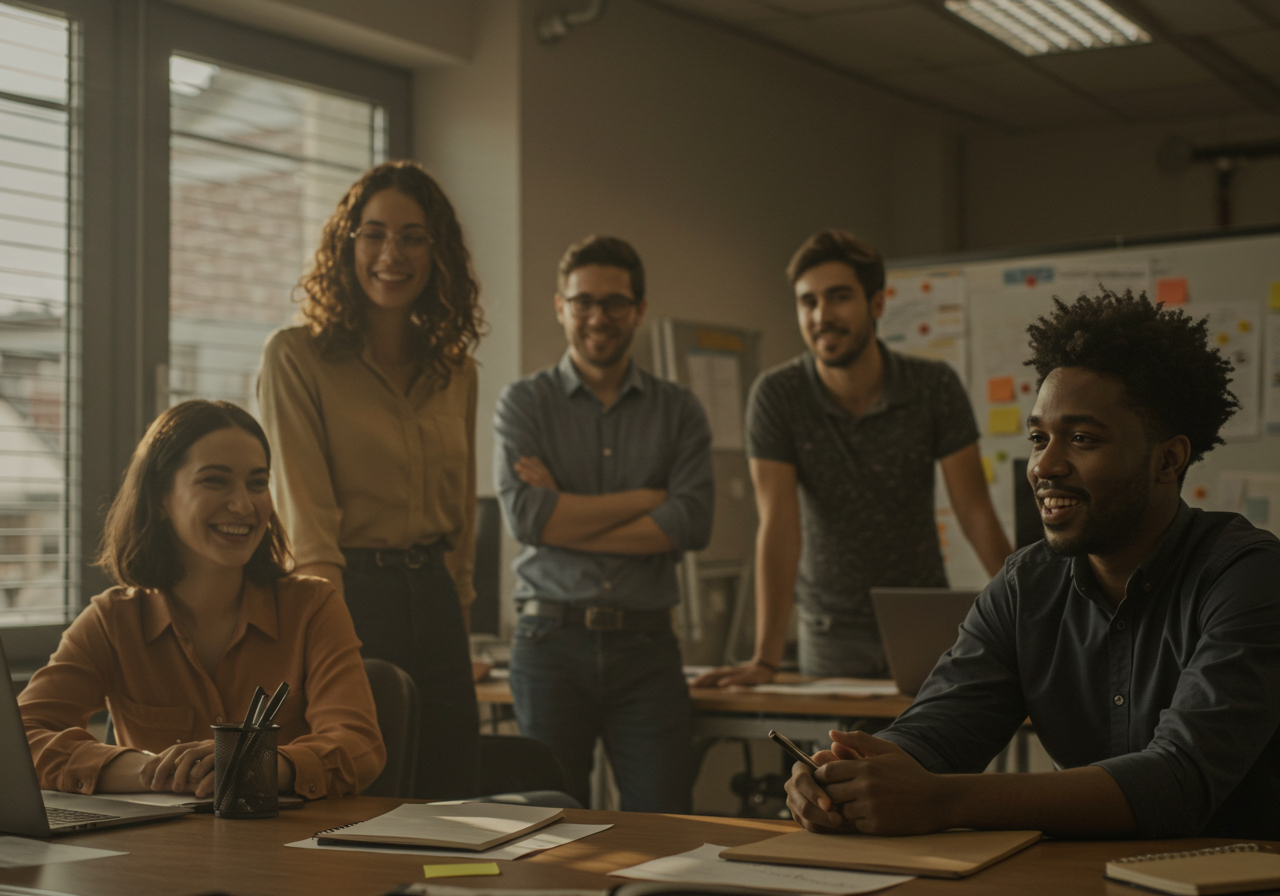 A team in an office smiling.