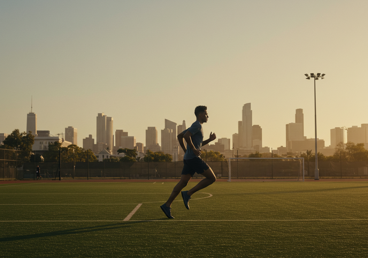 An image of a man running on a sports field with a city skyline in the background.